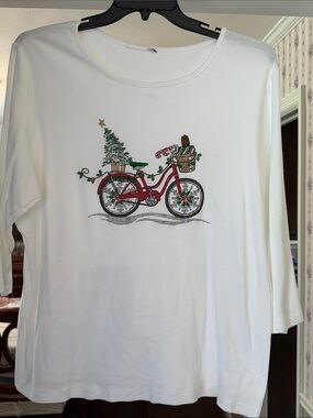 Karen Scott White Holiday Bicycle Graphic 3/4 Sleeve Tee